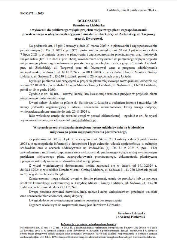 Obwieszczenie Burmistrza Lidzbarka o wyłożeniu do publicznego wglądu projektu miejscowego planu zagospodarowania przestrzennego w obrębie ewidencyjnym 3 miasta Lidzbark przy ul. Zieluńskiej, ul. Targowej oraz ul. Dworcowej